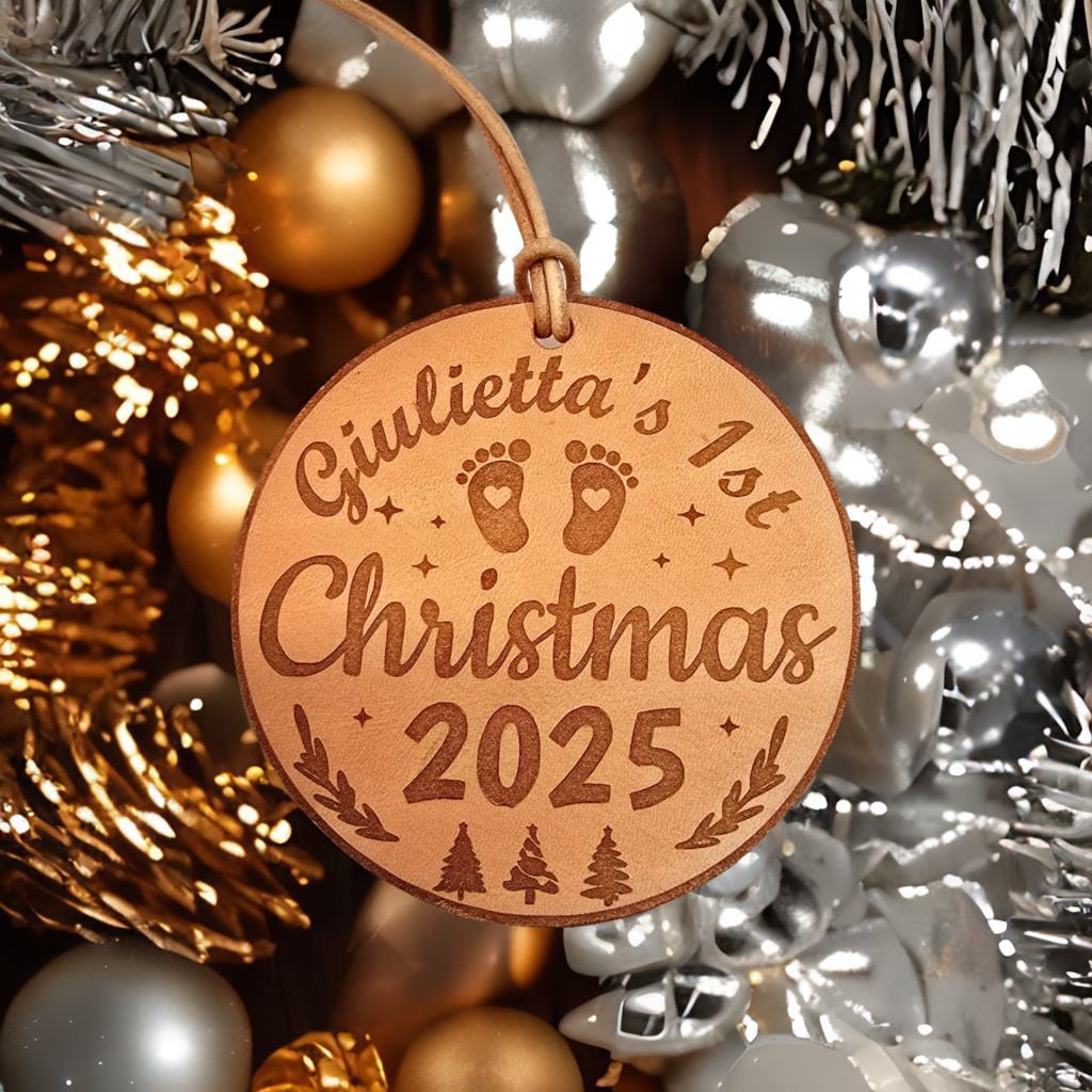 Lavish Lizzy Custom Leather Christmas Ornament Beige / Babys first Personalized Leather Christmas Ornaments