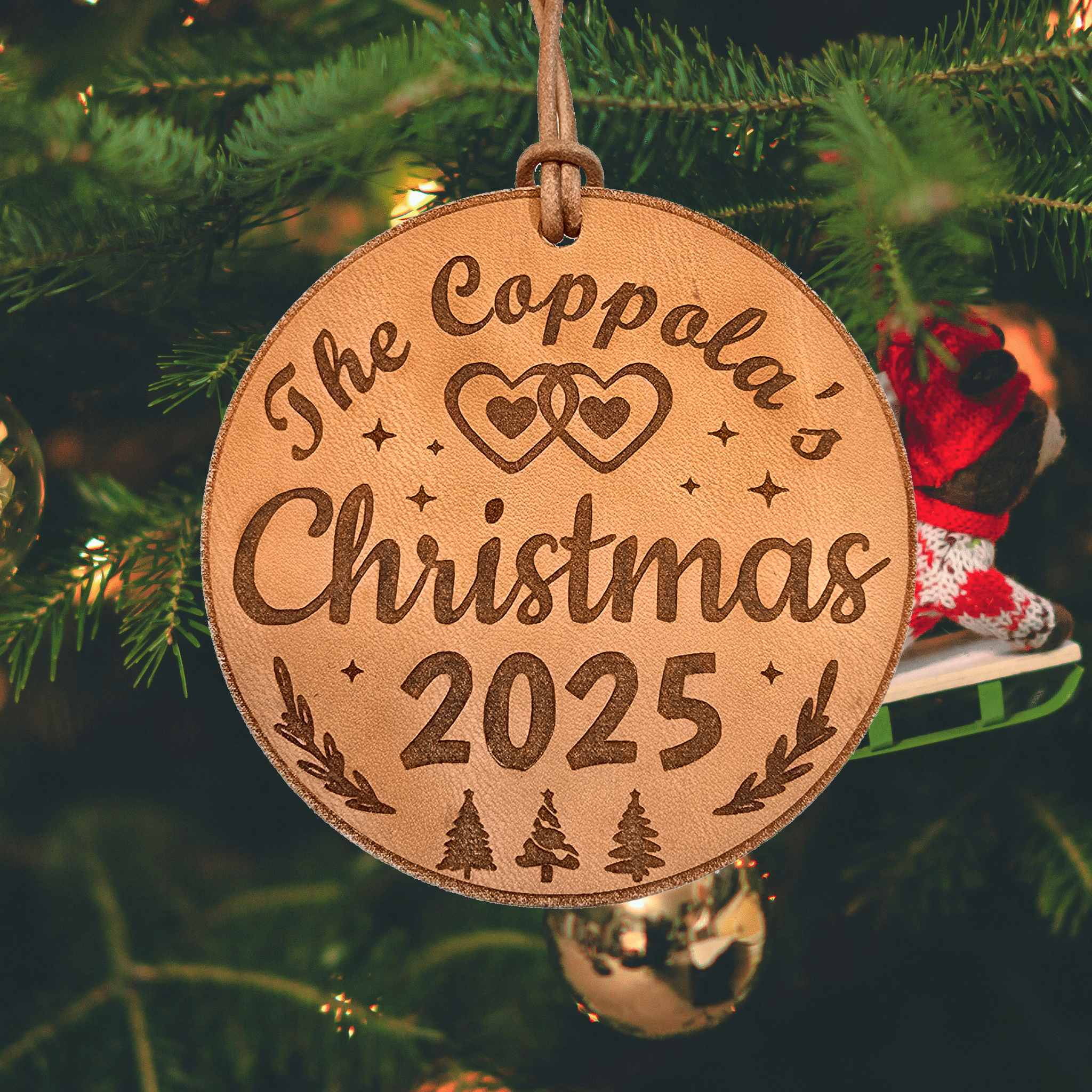 Lavish Lizzy Custom Leather Christmas Ornament Beige / Family Hearts Christmas 2025 Personalized Leather Christmas Ornaments