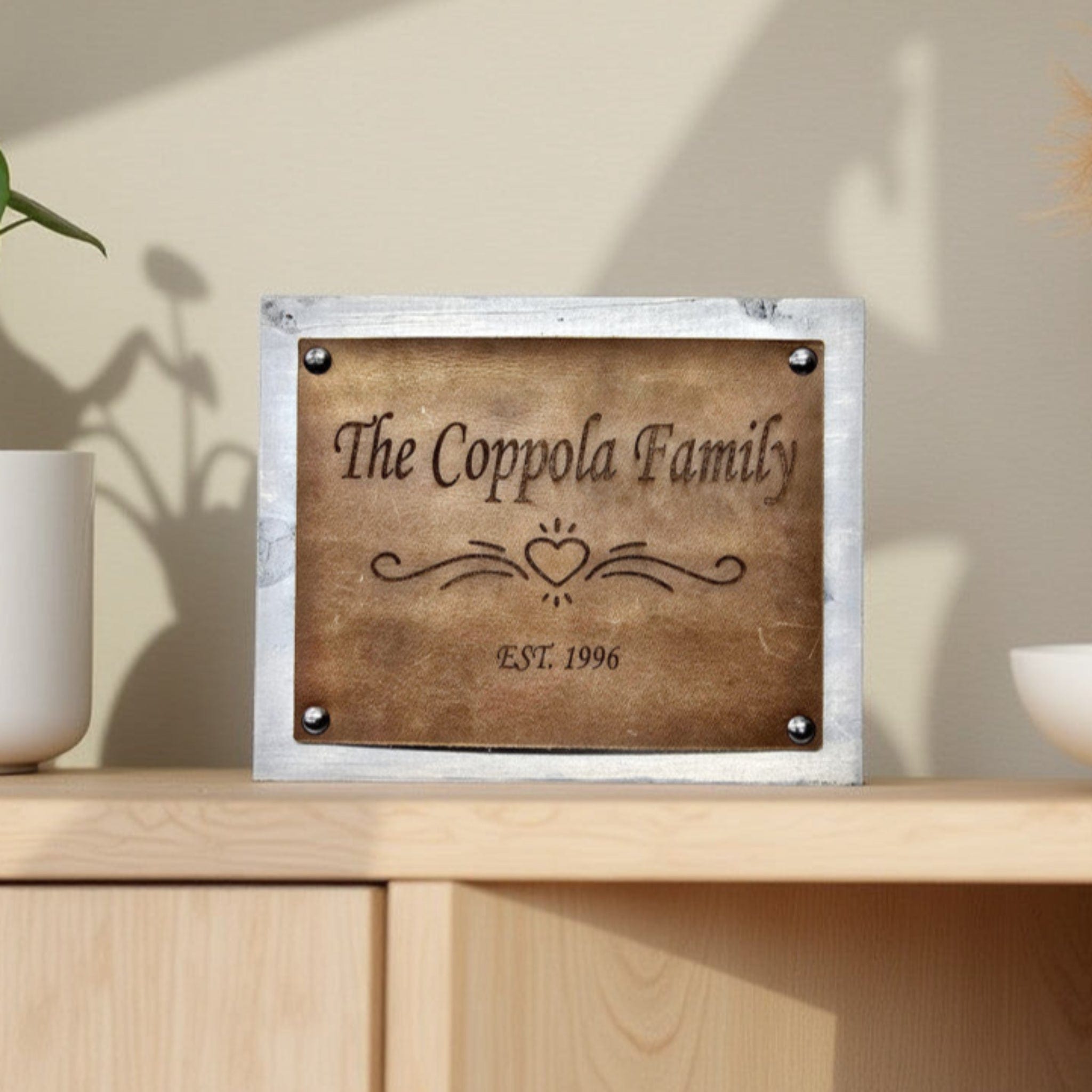 Lavish Lizzy Leather and Wood Home Decor Brown Personalized Engraved Leather Plaque - Large