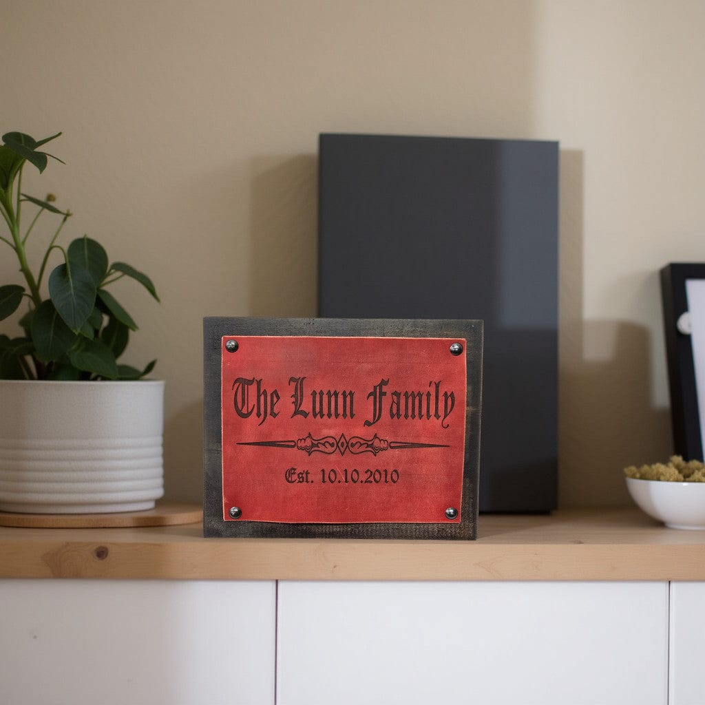 Lavish Lizzy Leather and Wood Home Decor Personalized Engraved Leather Plaque - Large