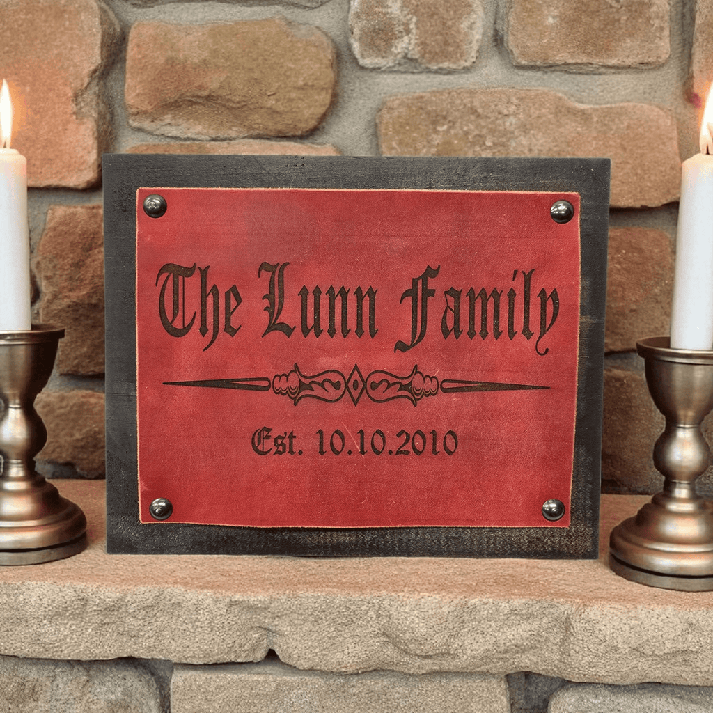 Lavish Lizzy Leather and Wood Home Decor Personalized Engraved Leather Plaque - Large